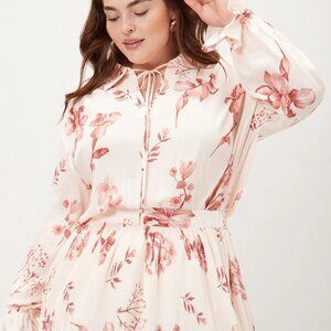 Curvy Sz 2X! MOTF Peach Floral Pleated Poet Blouse | Romantic Date Night Flowy